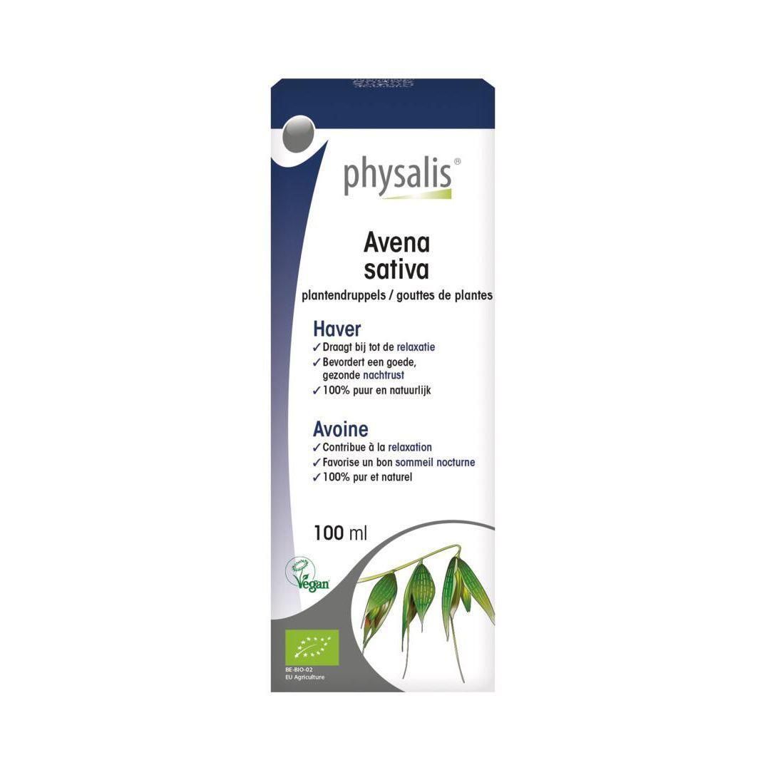 Emballage Physalis Avena sativa. Texte: Avena sativa, 100 ml, vegan, certification bio. Gouttes de plantes.