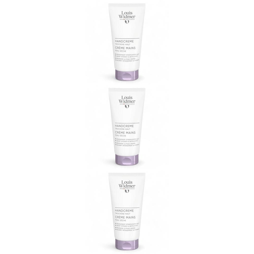 Drie tubes Louis Widmer Crème Mains Légèrement Parfumée. Wit, paarse dop. Tekst: NANOcreme, Crème Mains.