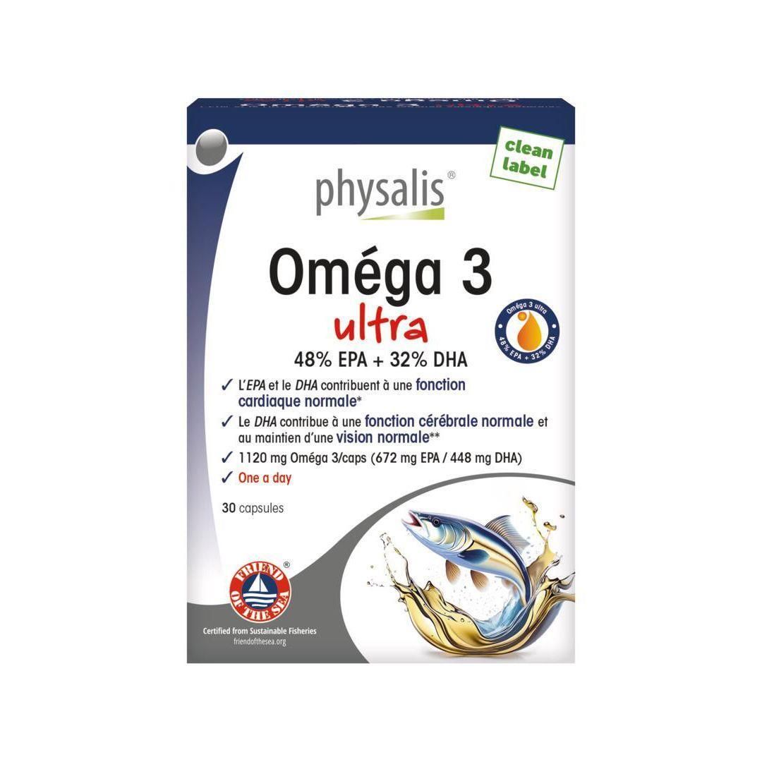 Boîte de Physalis Oméga 3 Ultra. Contient 30 capsules. EPA et DHA. Certifié Friend of the Sea.