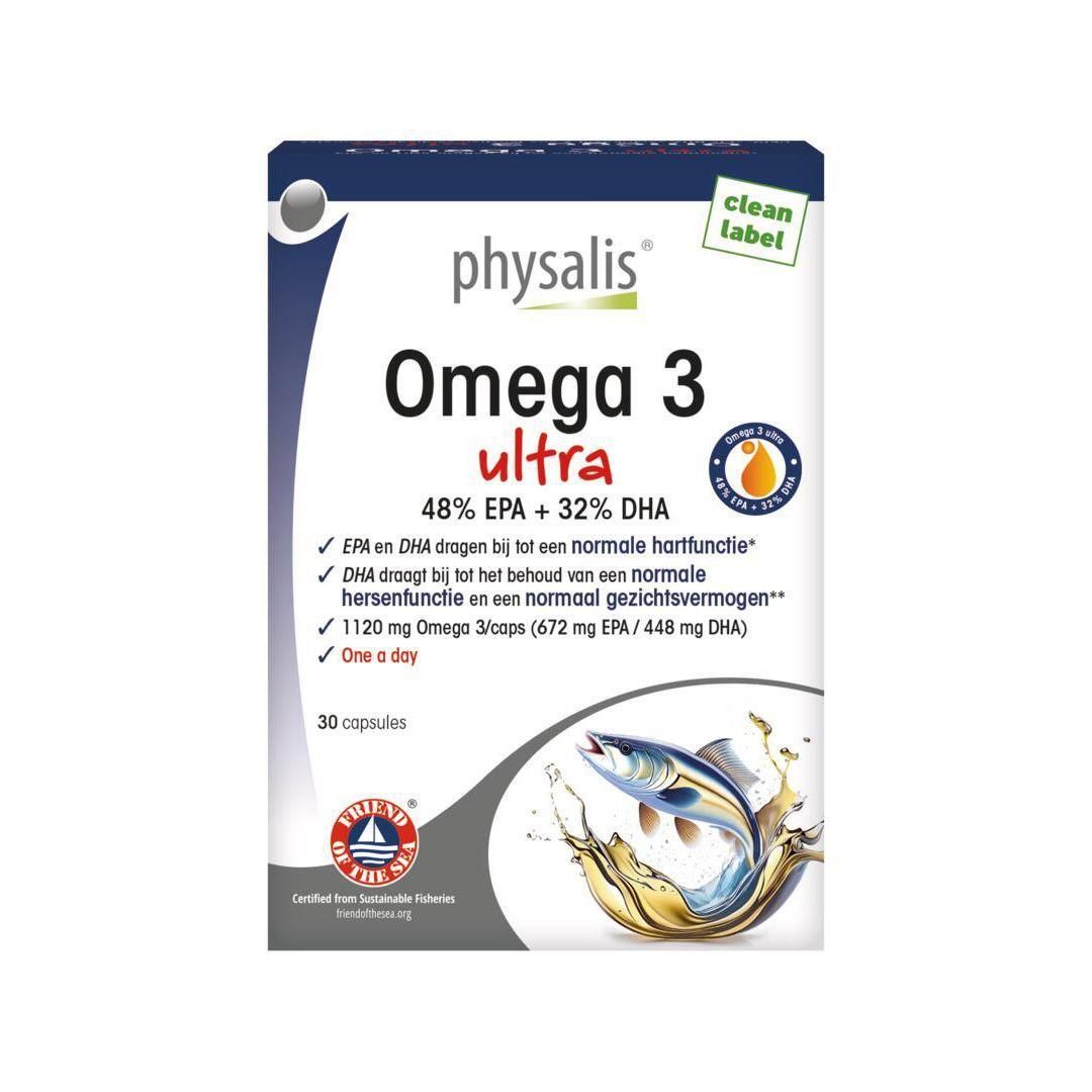 Doos Physalis Omega 3 Ultra. Bevat 30 capsules. Met EPA en DHA. Gecertificeerd door Friend of the Sea.