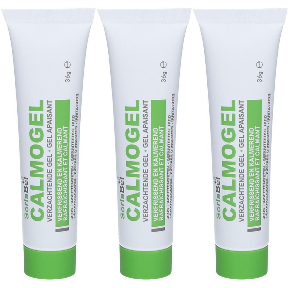 Drie tubes Calmogel. Witte tubes met groene dop. Opschrift: Calmogel, verzachtende gel, verfrissend en kalmerend.