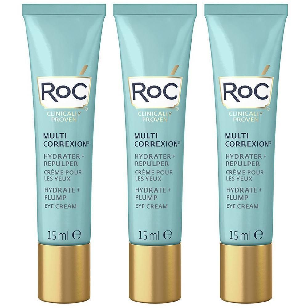 Trois tubes de RoC Multi-Correxion Hydrater + Repulper Crème pour les Yeux. Design turquoise et blanc, bouchon doré.