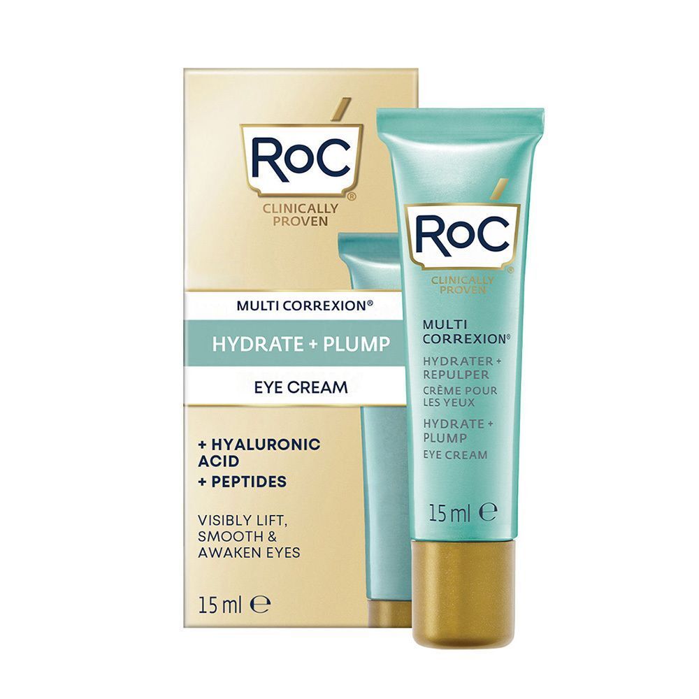 RoC Multi-Correxion Hydrater + Repulper Crème pour les Yeux en verpakking. Turquoise en wit design, gouden dop.