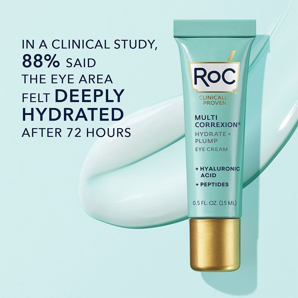 Product RoC Multi-Correxion Hydrater + Repulper Crème pour les Yeux. Turquoise en wit design, gouden dop. Tekst en graphics.