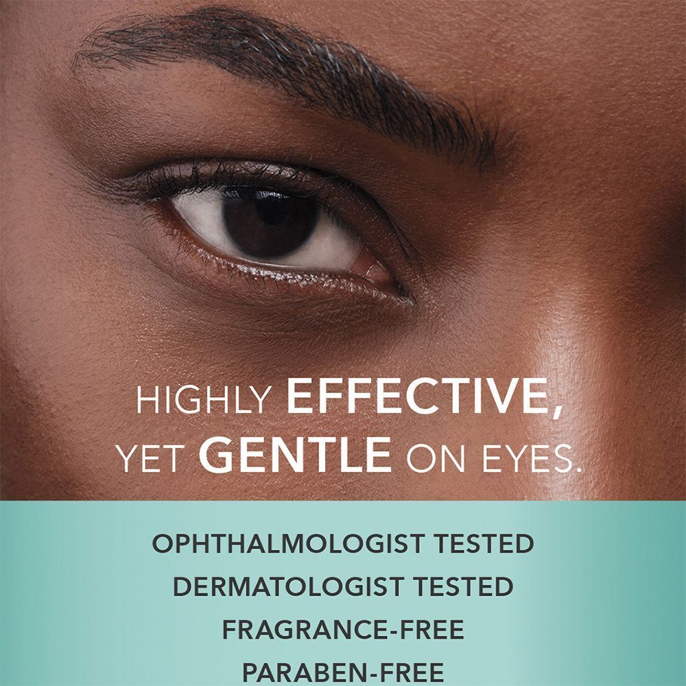 Close-up van een oog. Tekst: 'Zeer effectief, maar zacht voor de ogen'. Getest door oogartsen en dermatologen.