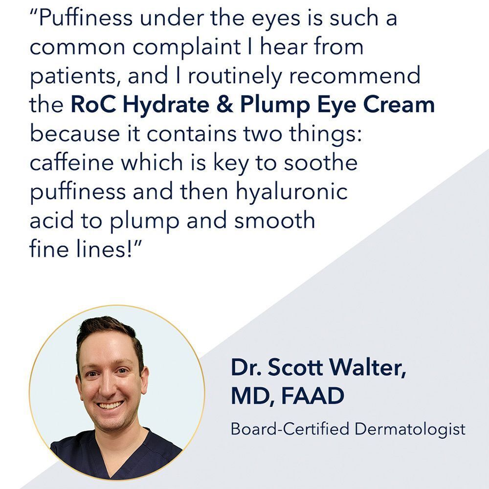 Portret van een man. Citaat over RoC Hydrate & Plump Eye Cream. Handtekening: Dr. Scott Walter, MD, FAAD.