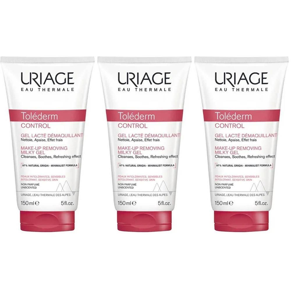 Drie tubes Uriage Toléderm Control Gel Lacté Démaquillant. Witte en roze tubes met productnaam en informatie.