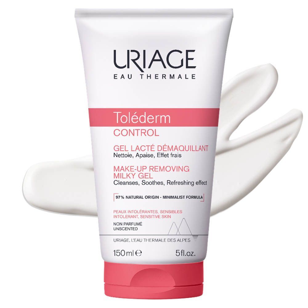 Un tube de Uriage Toléderm Control Gel Lacté Démaquillant. Tube blanc avec accents roses et informations produit.