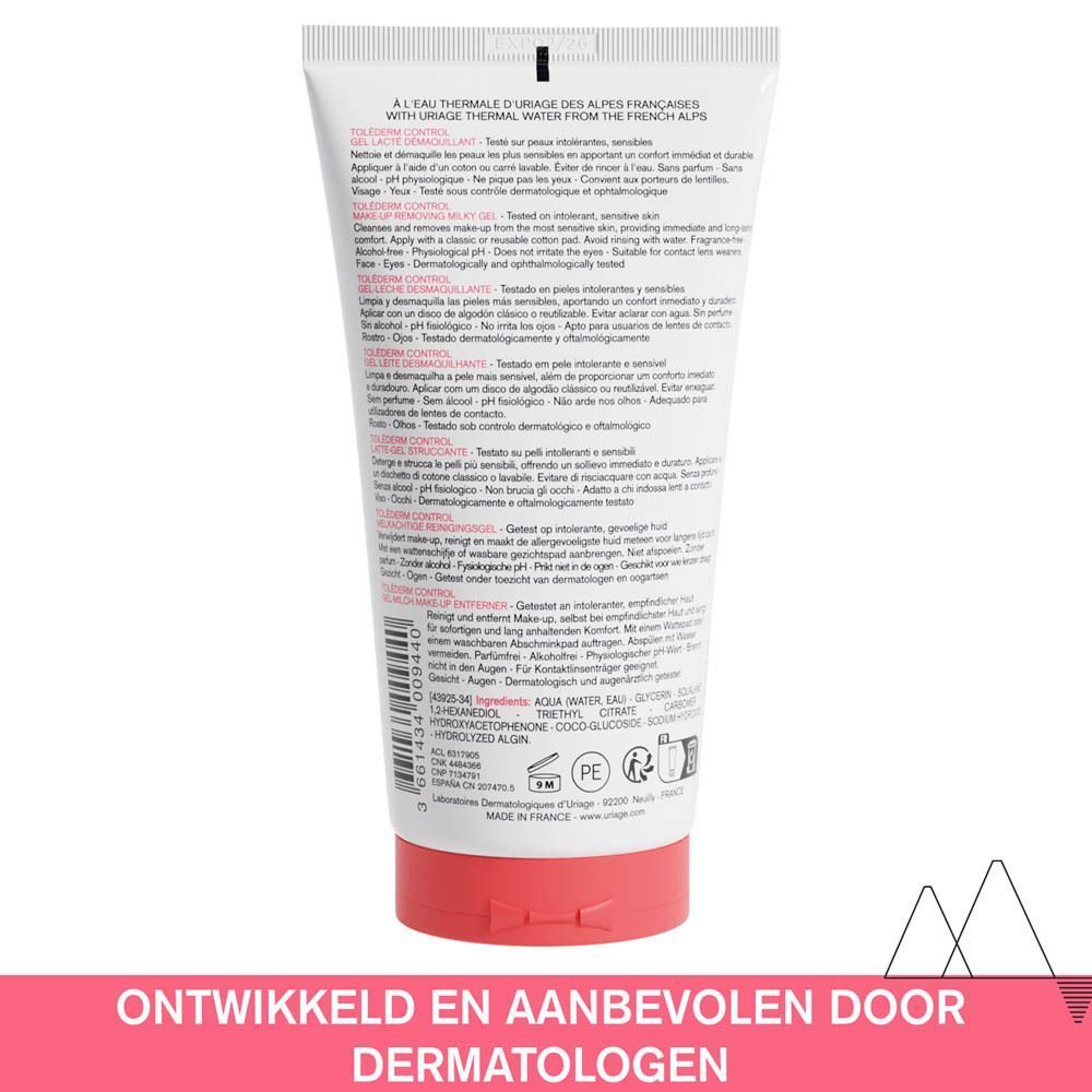 Achterkant van de tube Uriage Toléderm Control Gel Lacté Démaquillant. Tekst: « Ontwikkeld en aanbevolen door dermatologen ».