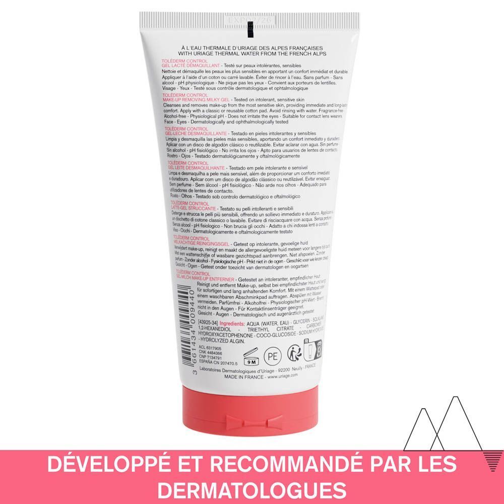 Dos du tube Uriage Toléderm Control Gel Lacté Démaquillant. Texte : « Développé et recommandé par les dermatologues ».