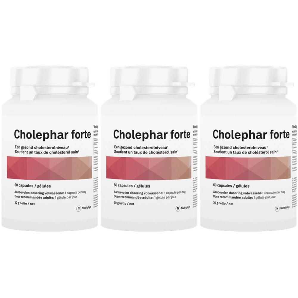 Drie witte flessen met de tekst "Cholephar forte". Op elke fles staat "Een gezond cholesterolniveau" en "Soutient un taux de cholestérol sain".