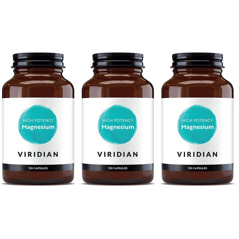 Drie bruine glazen flessen met zwarte doppen. De etiketten tonen "High Potency Magnesium" en "Viridian". Elke fles bevat 120 capsules.