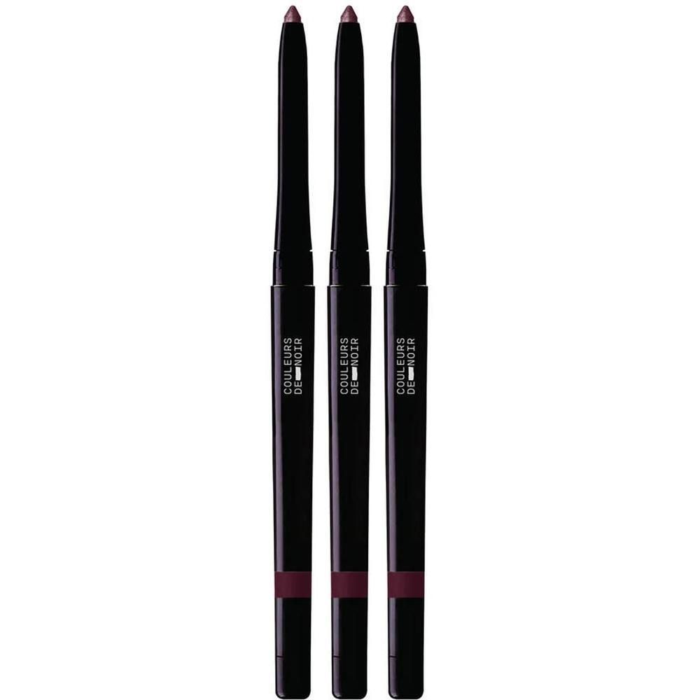 Trois stylos eyeliner noirs avec pointes bordeaux. Le nom "Couleurs de Noir" est visible sur chaque stylo.