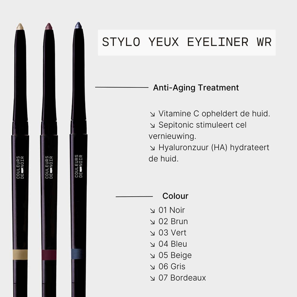 Drie zwarte eyeliners met gekleurde punten. Tekst: "STYLO YEUX EYELINER WR", kleurenlijst en anti-aging behandeling.