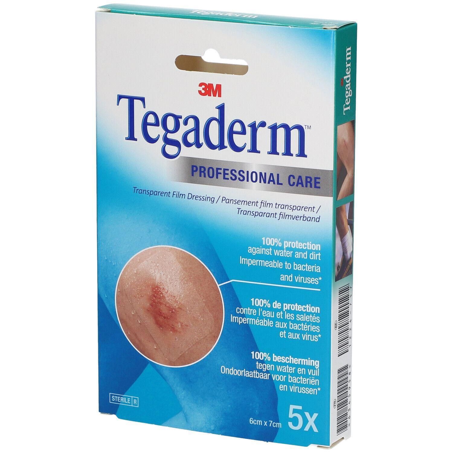 Verpakking van 3M Tegaderm. Opschrift: Transparent Film Dressing, 6cm x 7cm, 5 stuks. Beschermt tegen water, vuil, bacteriën en virussen.