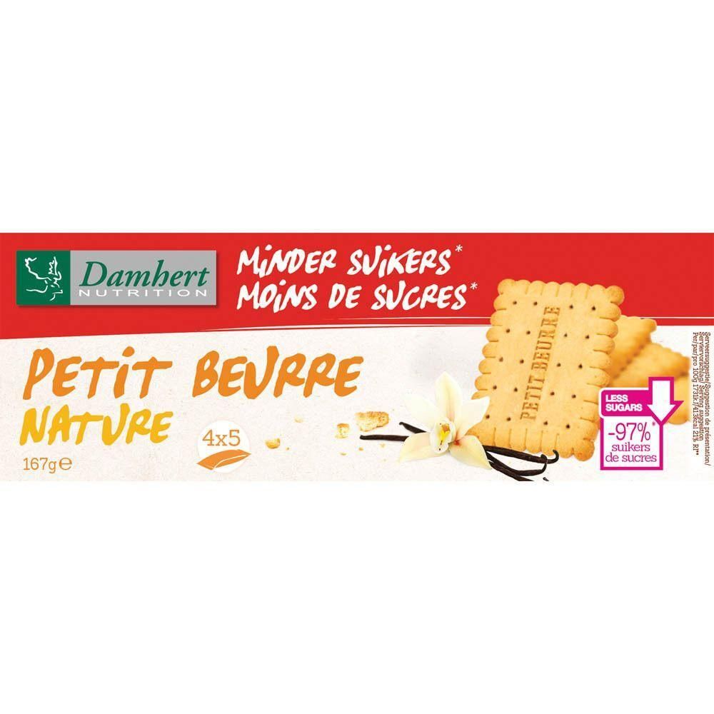 Verpakking van Damhert Petit Beurre Nature koekjes. Opschrift: Petit Beurre, Nature, 4x5, minder suikers, -97% suikers.