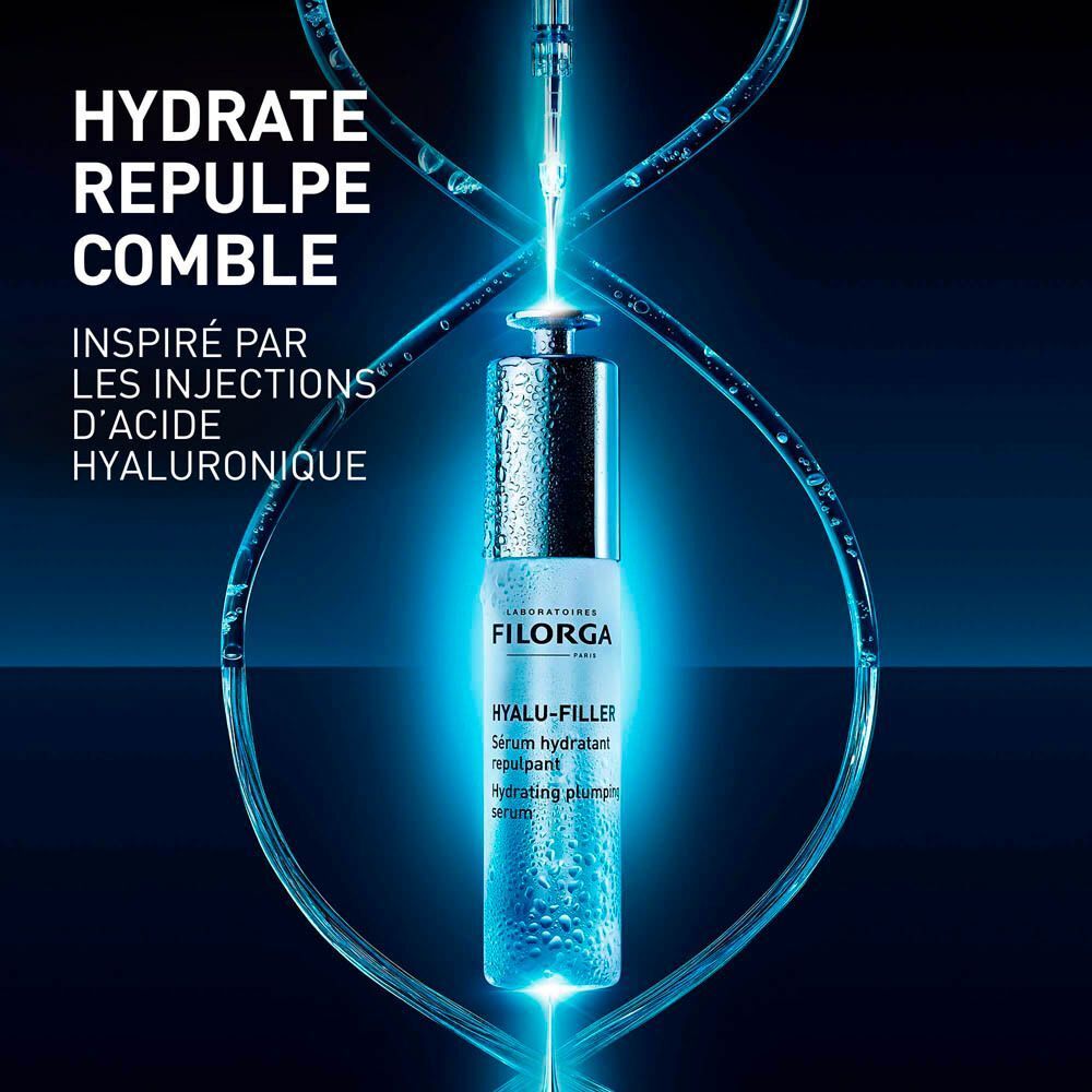 Sérum Filorga HYALU-FILLER, éclairé en bleu. Texte: Hydrate, Repulpe, Comble. Inspiré par les injections d'acide hyaluronique.