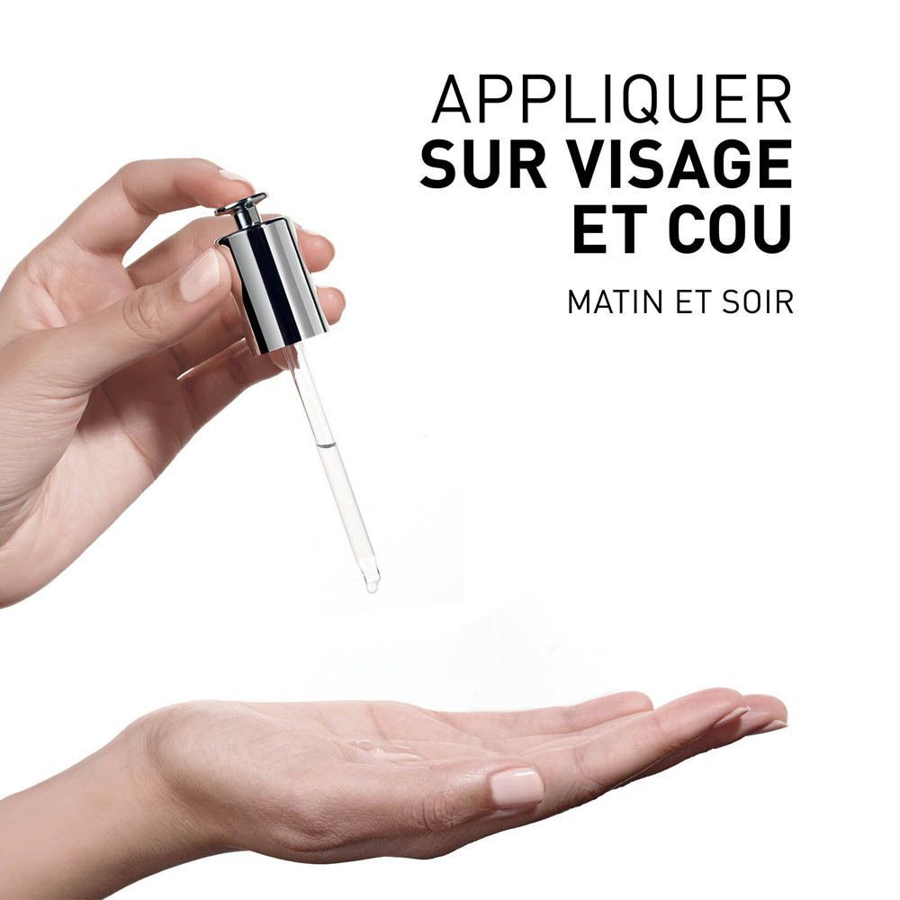 Mains tenant une pipette avec du liquide. Texte: Appliquer sur visage et cou, matin et soir.
