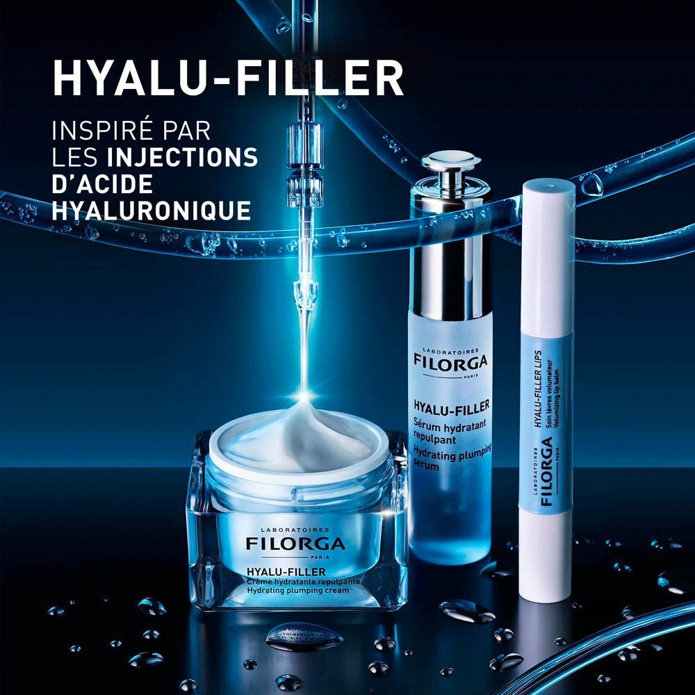 Ensemble de produits: crème, sérum, baume à lèvres. Texte: HYALU-FILLER. Inspiré par les injections d'acide hyaluronique.