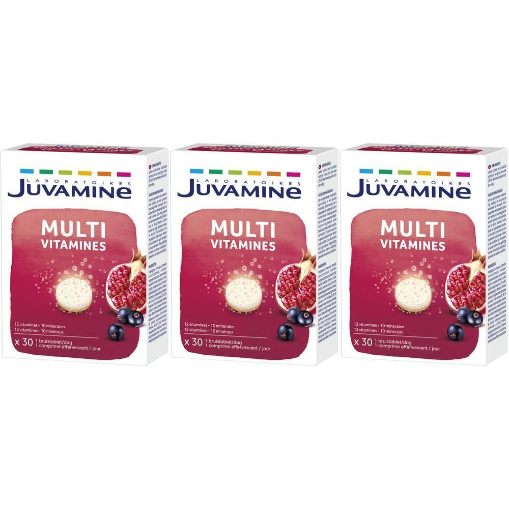 Drie dozen Juvamine Multi Vitamines. Elke doos toont "Multi Vitamines" en een afbeelding van granaatappel en bosbessen.