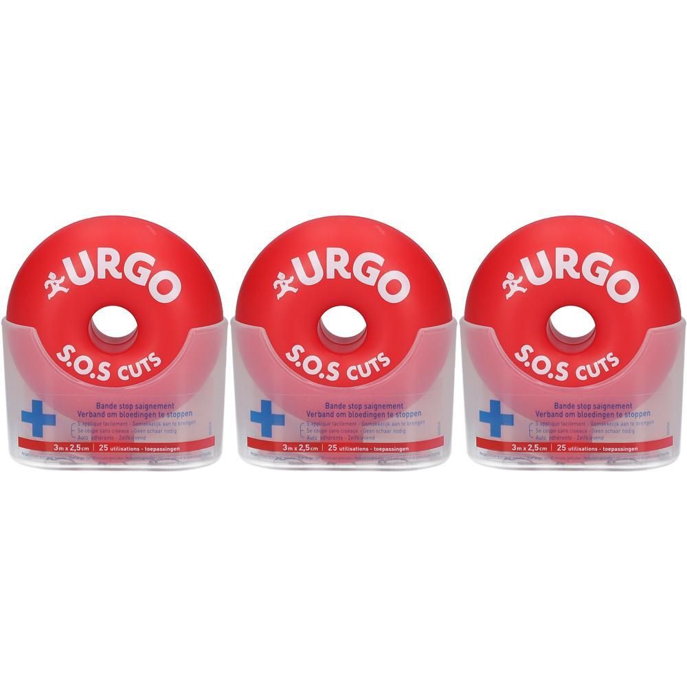 Trois boîtes rouges Urgo S.O.S. Cuts. Chaque boîte contient un bandage, avec un trou central et une croix bleue.