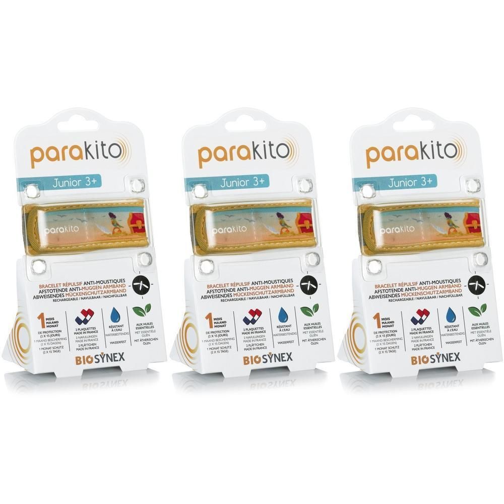 Drie verpakkingen ParaKito Junior 3+ armbanden. Elke verpakking bevat een armband en zit in een witte verpakking met logo en informatie.