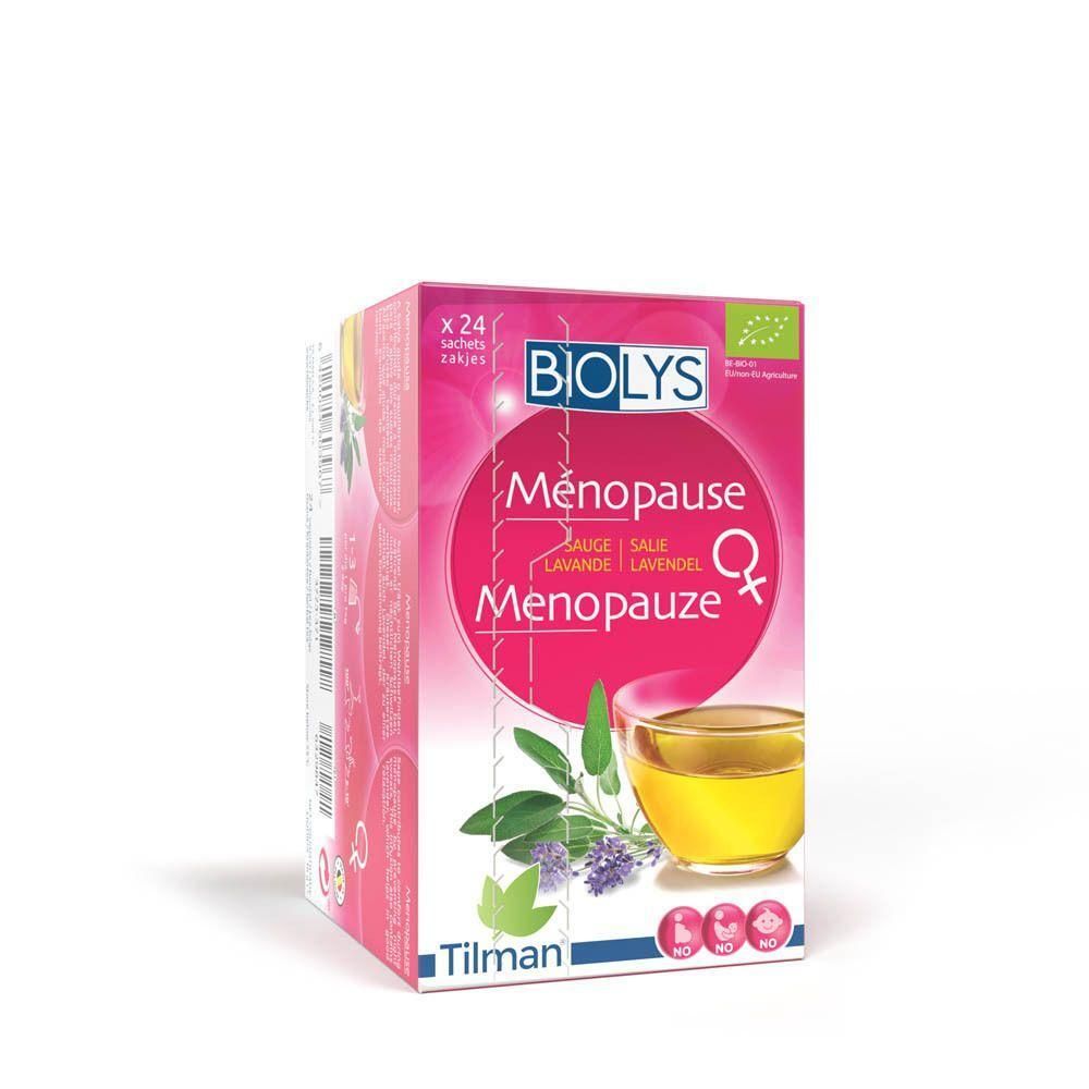 Verpakking Biolys Ménopause. Roze achtergrond, tekst Ménopause, Salie, Lavendel. Bio-logo. 24 zakjes.