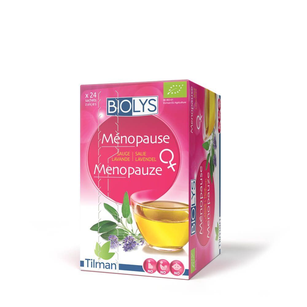 Boîte Biolys Ménopause. Rose, texte Ménopause, Sauge, Lavande. Logo bio. 24 sachets.