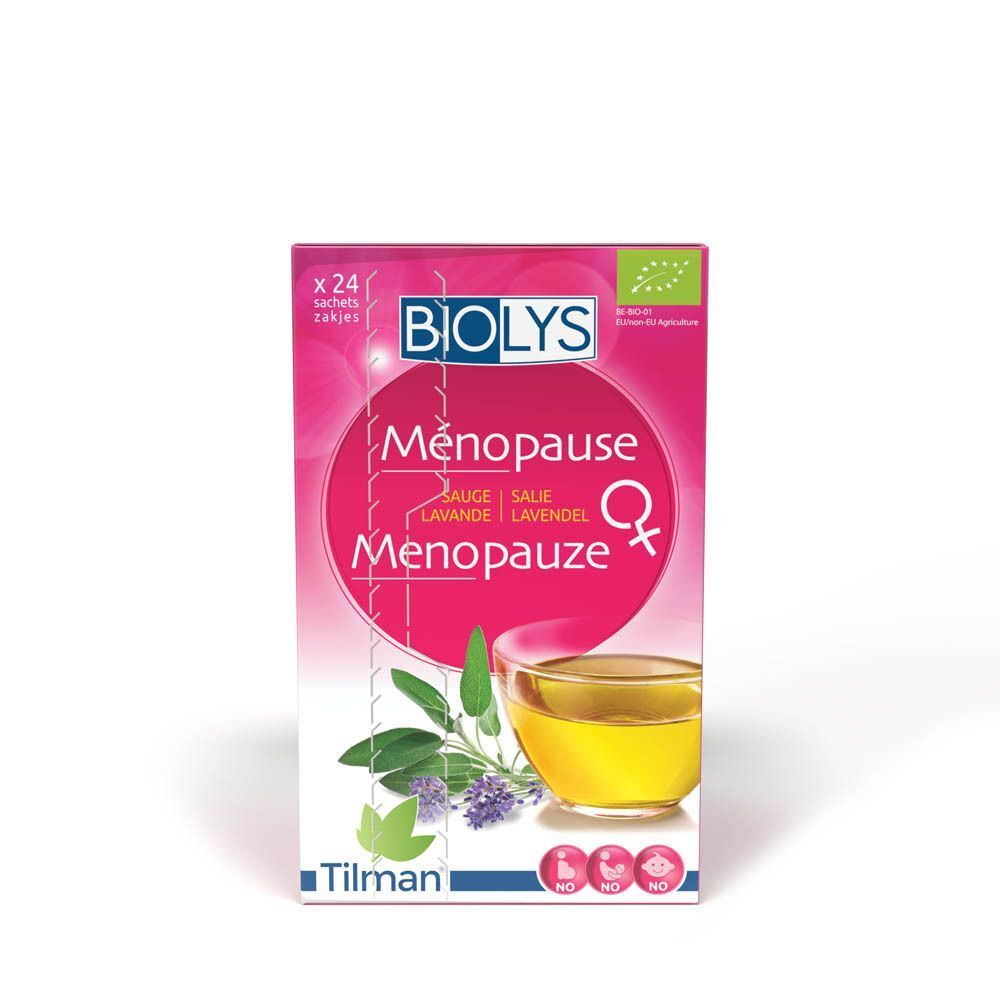 Verpakking Biolys. Roze achtergrond, tekst Ménopause, Salie, Lavendel. Bio-logo. 24 zakjes.