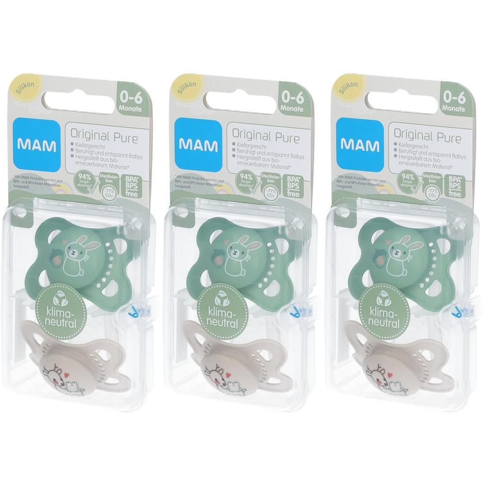 Trois sucettes MAM Original Pure, 0-6 mois, vert et écru, dans leur emballage. Mention « klima-neutral » sur l'emballage.