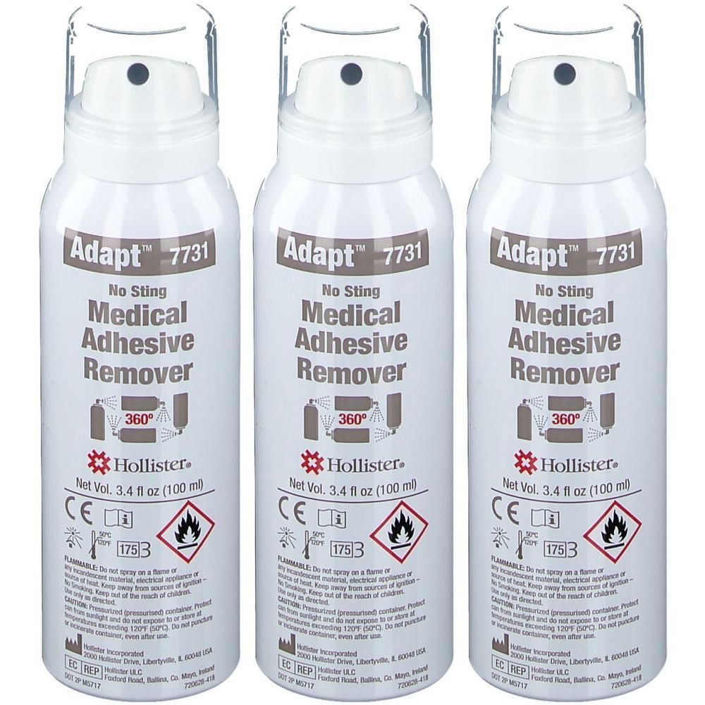 Drie witte spuitbussen met "Adapt 7731 Medical Adhesive Remover". Voorzien van CE-markering en waarschuwingssymbolen.