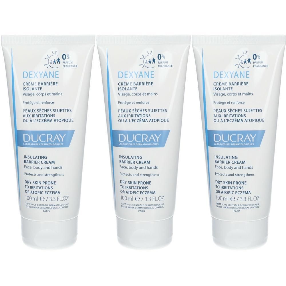 Drie witte tubes met blauwe en witte tekst. Elke tube toont "DEXYANE" en "Crème Barrière Isolante".
