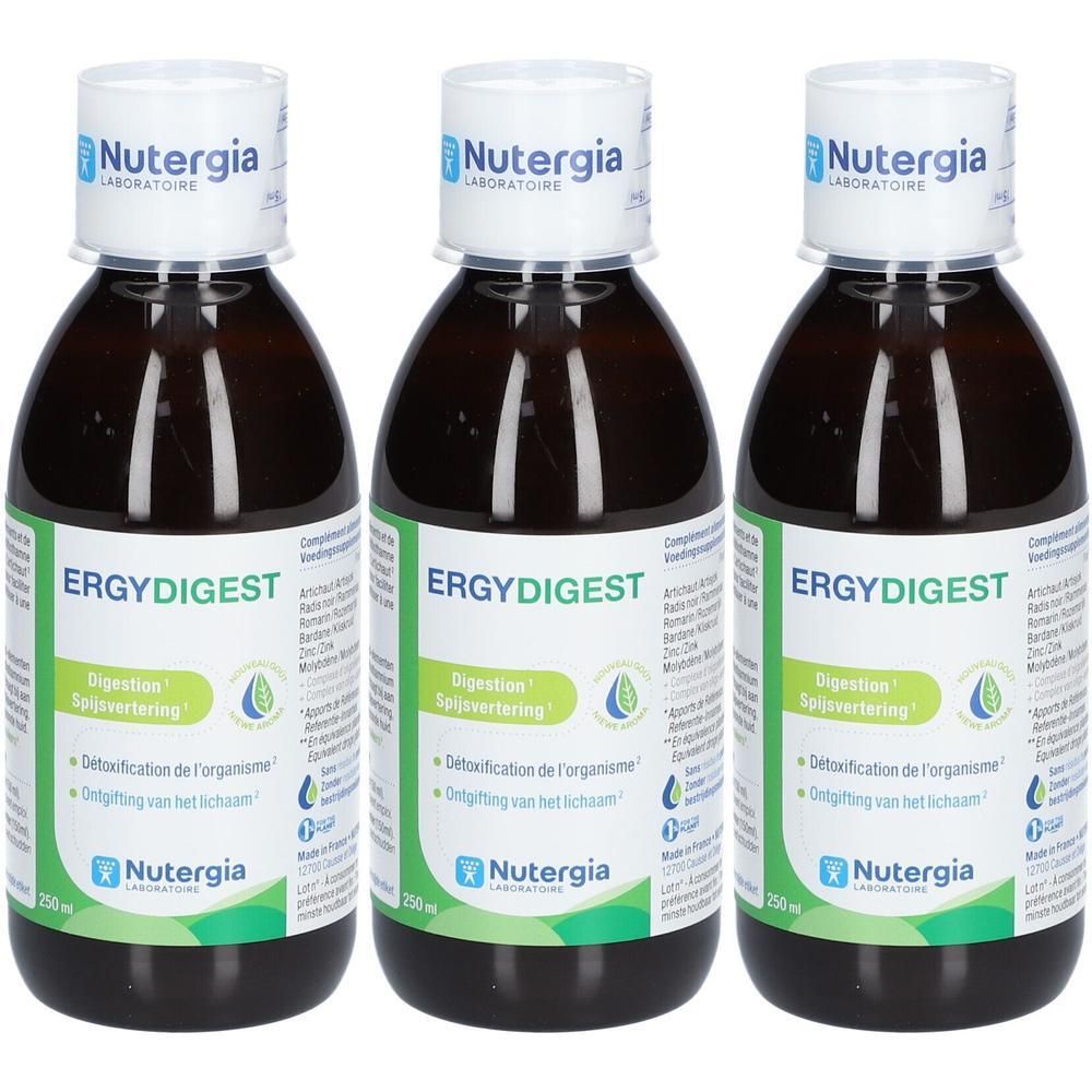 Drie bruine flessen met witte dop. Opschrift: ERGYDIGEST, Nutergia Laboratoire. Etiket met groene en blauwe elementen.