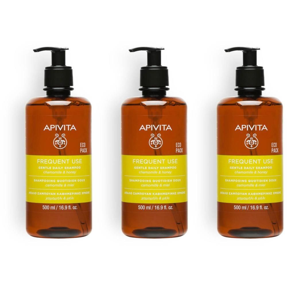 Trois flacons bruns avec pompe noire. Étiquette jaune avec texte 'FREQUENT USE'. Marque : APIVITA.