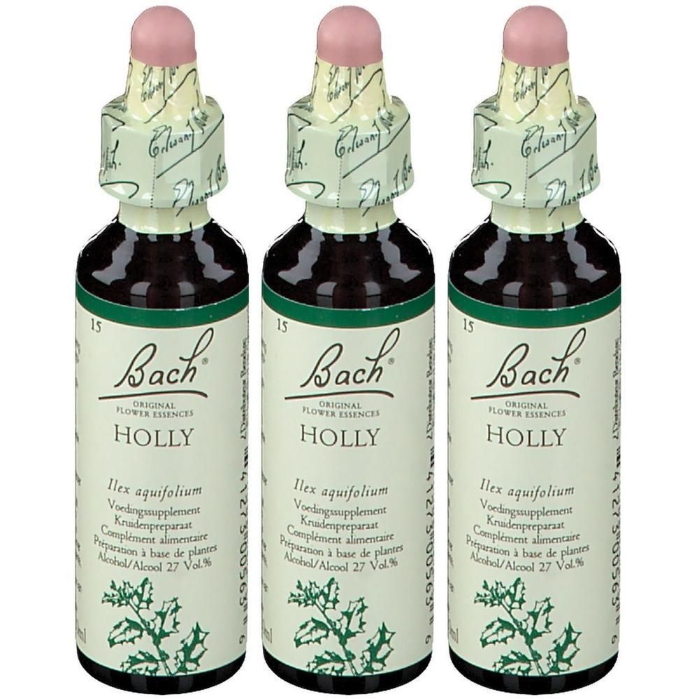Trois flacons avec bouchon rose. Inscription : Bach Original Flower Essences Holly. Étiquette avec illustration botanique.