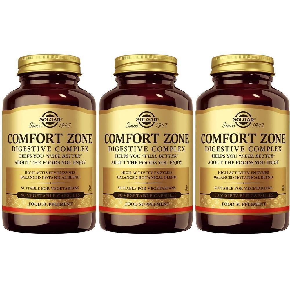 Drie bruine glazen flessen met gouden doppen en etiketten. Opschrift: Comfort Zone Digestive Complex, Solgar.