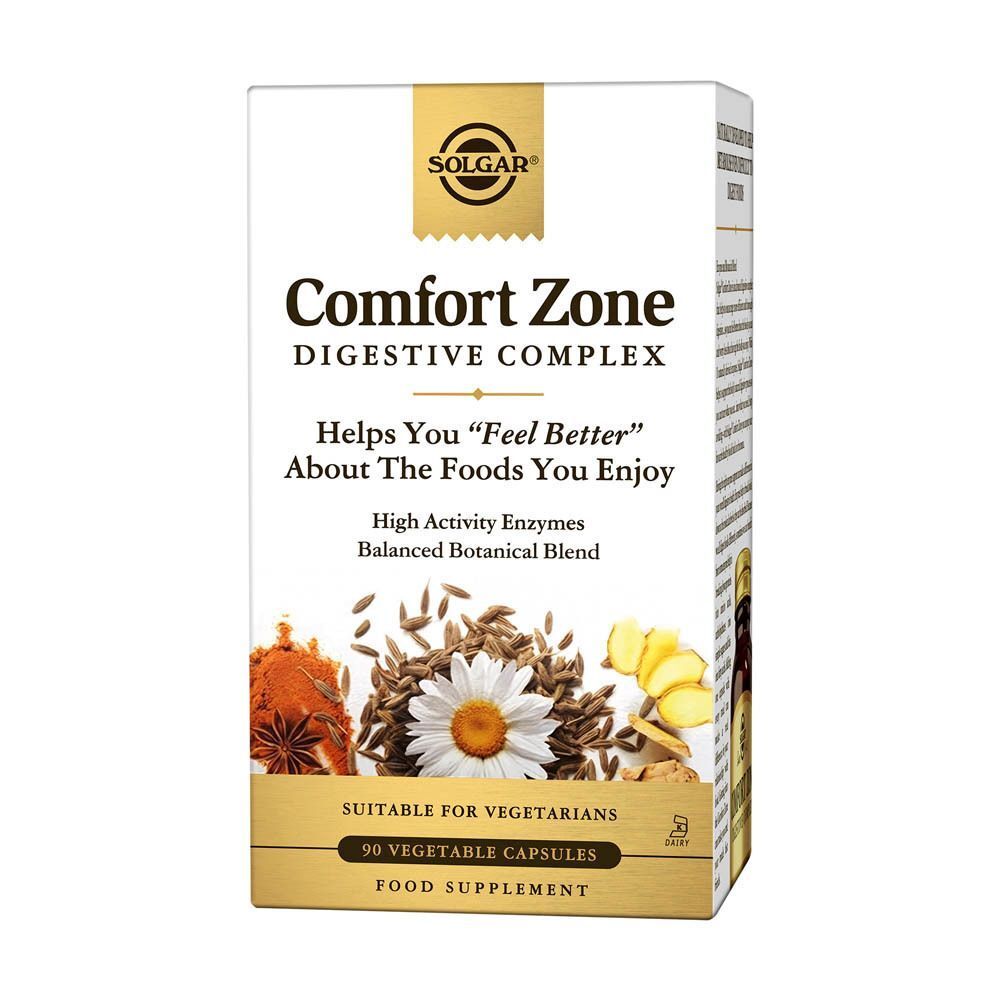 Witte doos met opschrift: Comfort Zone Digestive Complex, Solgar. Afbeelding van kruiden en zaden.