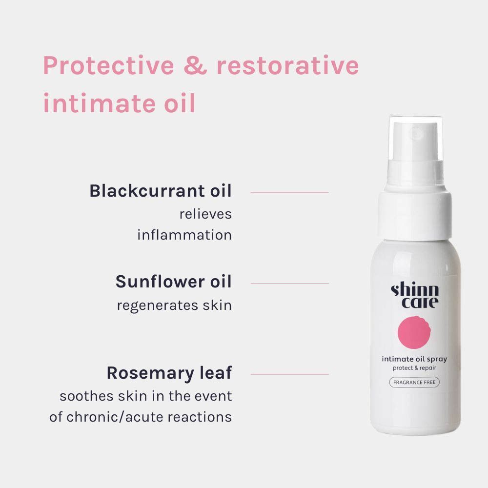 Witte intieme olie spray met roze cirkel. Tekst: beschermt en herstelt. Ingrediënten: zwarte bes, zonnebloem, rozemarijn.