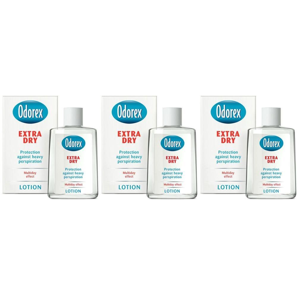 Drie flessen en verpakkingen. Opschrift: Odorex Extra Dry Lotion. Bescherming tegen overmatig zweten.