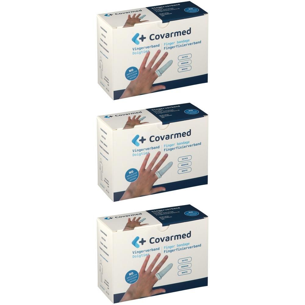 Drie dozen Covarmed vingerverband. Elke doos toont een hand met een vingerverband. Tekst: Fingerverband, Medium.