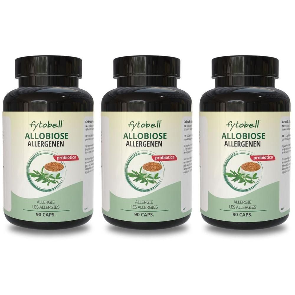 Drie flessen Fytobell Allobiose Allergenen. Zwarte doppen, witte etiketten met productnaam, logo en opschrift 'probiotica'.
