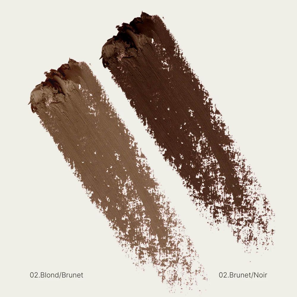 Twee kleurmonsters van wenkbrauwpotloden. Opschriften: 02. Blond/Brunet en 02. Brunet/Noir.