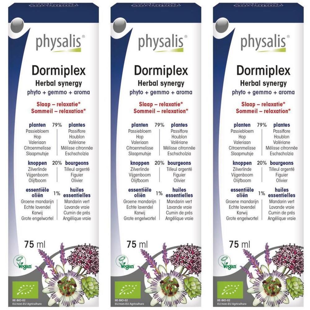 Trois flacons de Physalis Dormiplex Bio. Étiquettes bleu et blanc avec nom, ingrédients et logo. 75 ml.