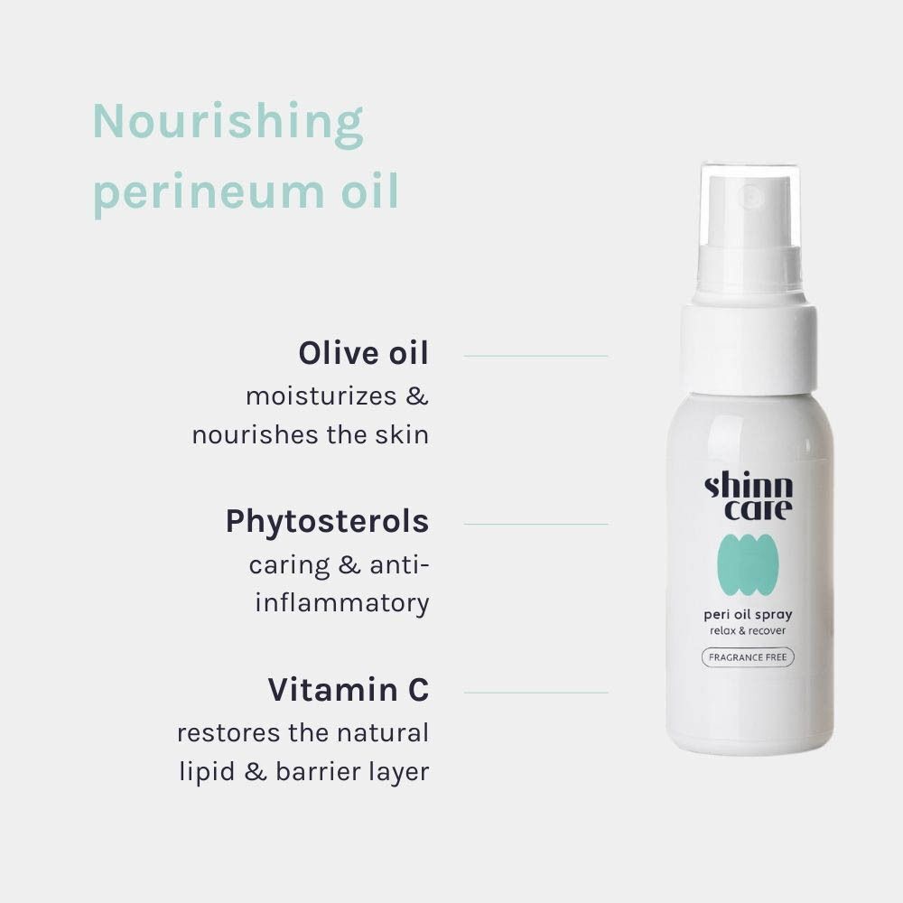 Witte spuitfles met tekst. Tekst: Shinn care, Peri Oil Spray, relax & recover, fragrance free. Ingrediënten: olijfolie, fytosterolen, vitamine C.