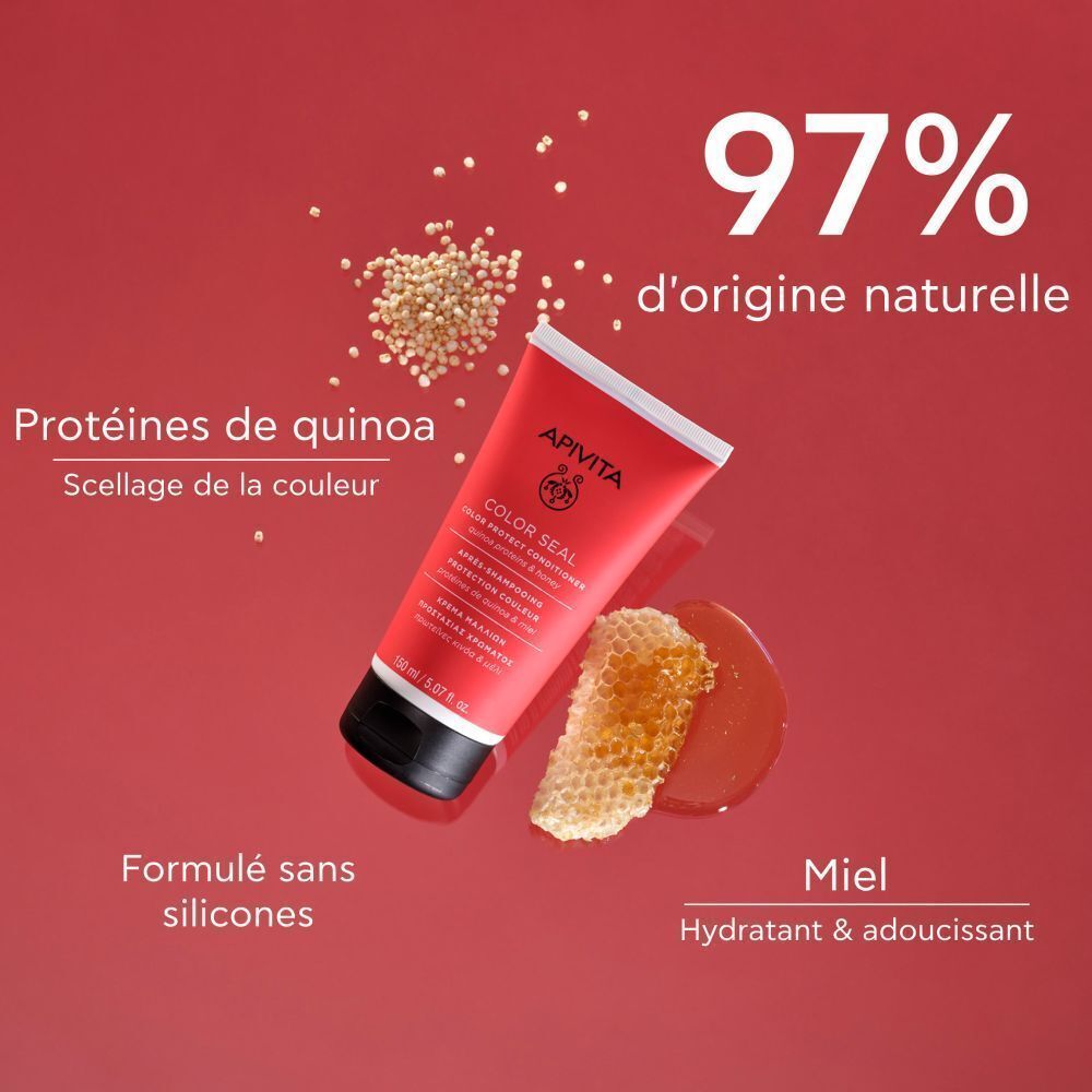 Tube rouge Apivita Color Seal Après-Shampooing. Quinoa, rayon de miel et texte : 97% d'origine naturelle.