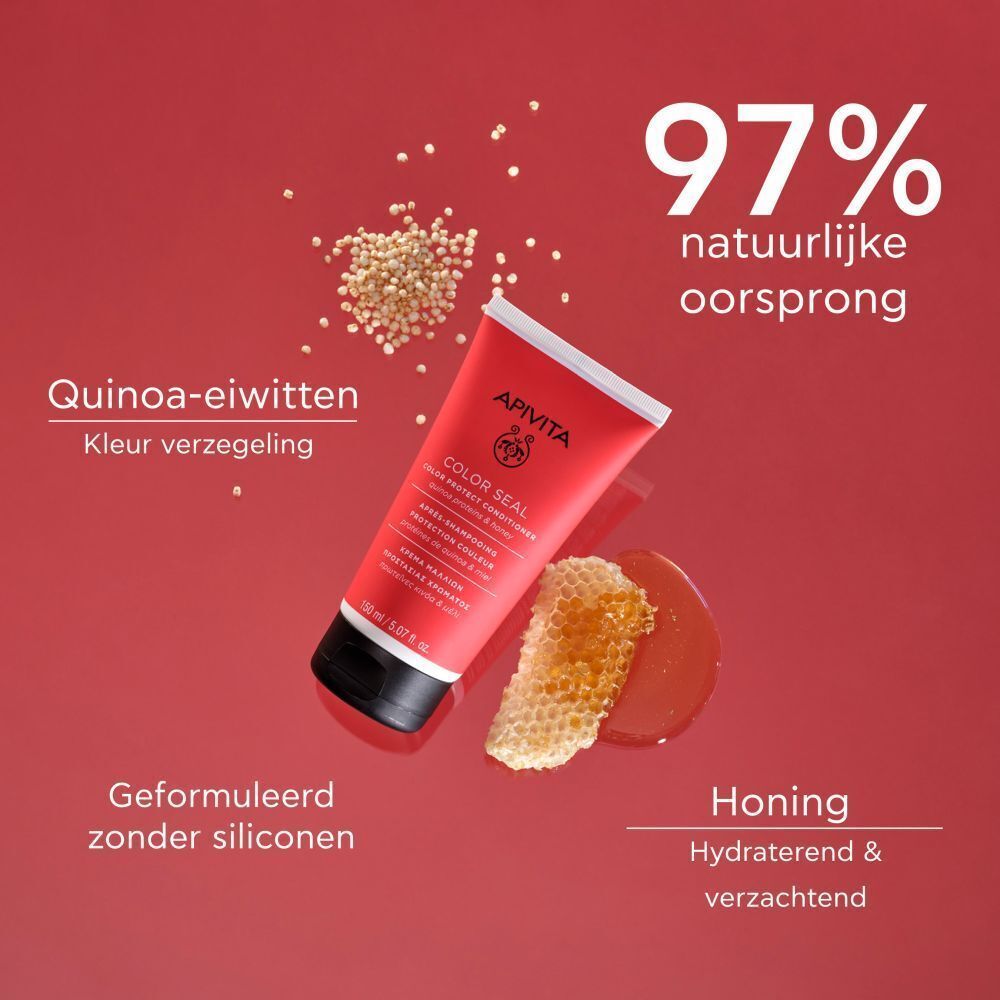 Rode tube Apivita Color Seal Après-Shampooing. Quinoa, honingraat en tekst: 97% natuurlijke oorsprong.