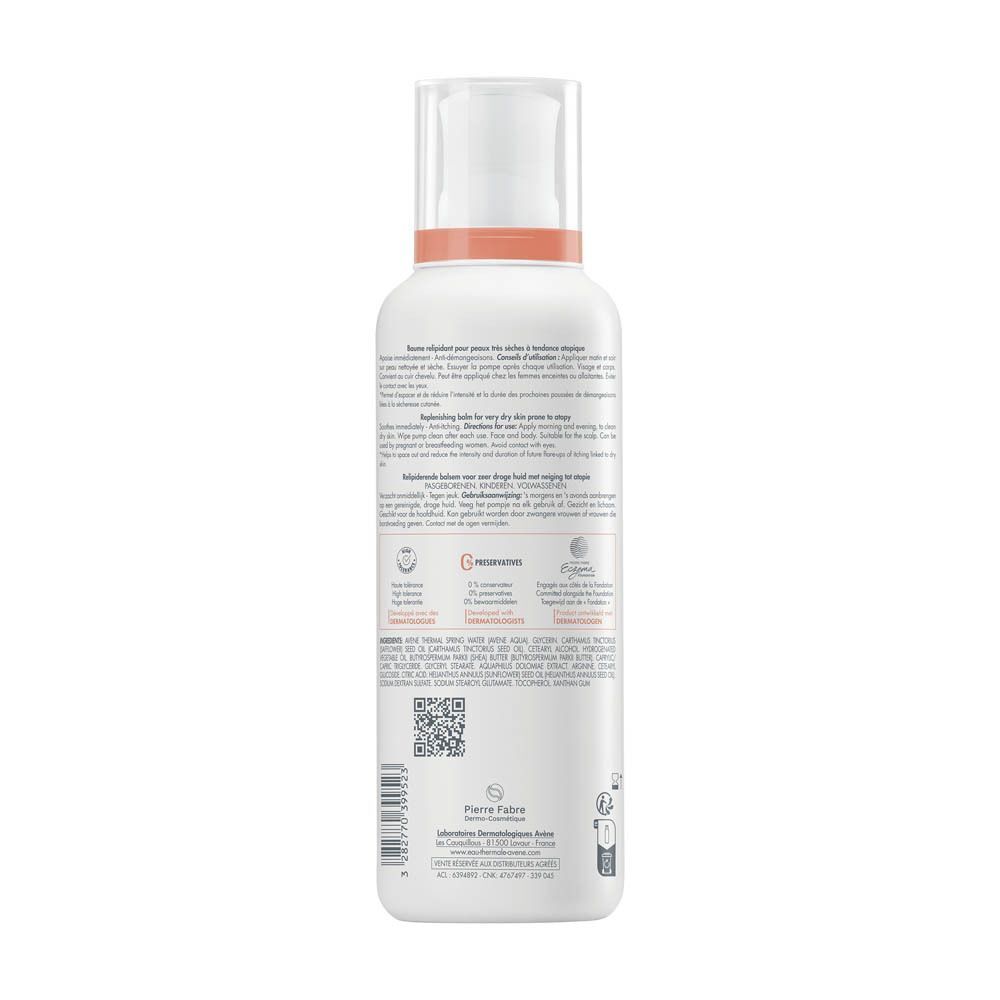 Dos d'un flacon blanc Avène Xeracalm A.D. Baume Relipidant. Texte et logos visibles.