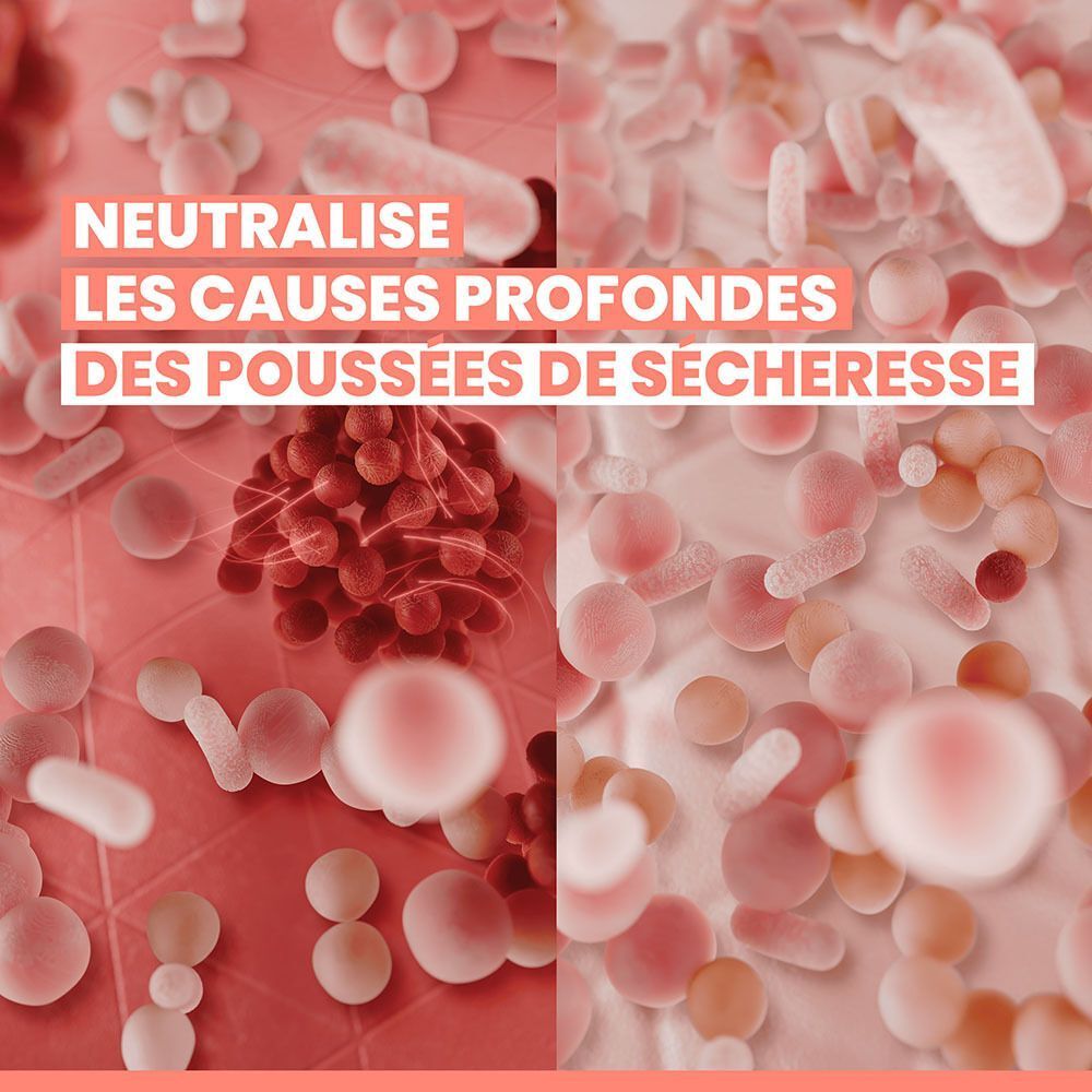 Graphique avec images microscopiques. Texte : NEUTRALISE LES CAUSES PROFONDES DE LA SÉCHERESSE.