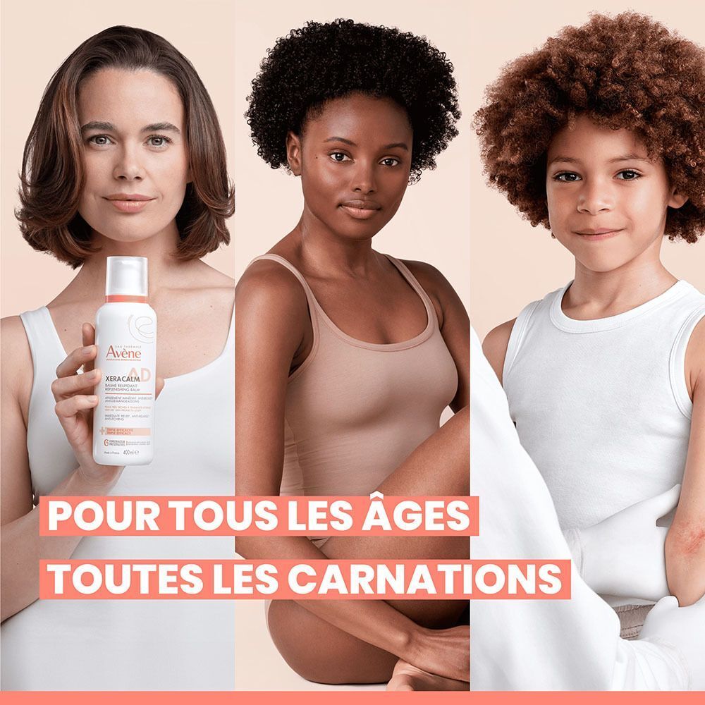 Trois personnes de différents tons de peau tiennent un flacon Avène Xeracalm A.D. Baume Relipidant. Texte.