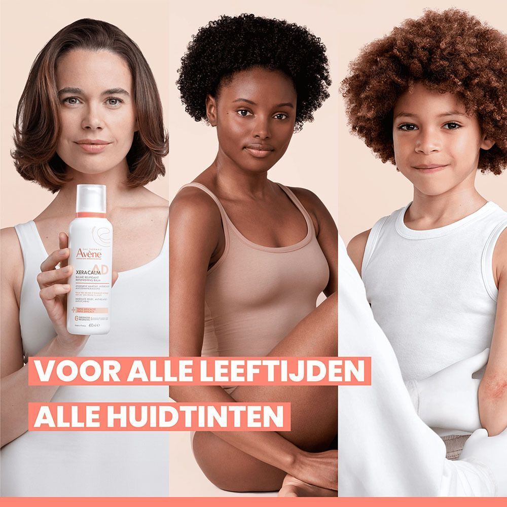 Drie mensen met verschillende huidtinten houden een fles Avène Xeracalm A.D. Baume Relipidant vast. Tekst.